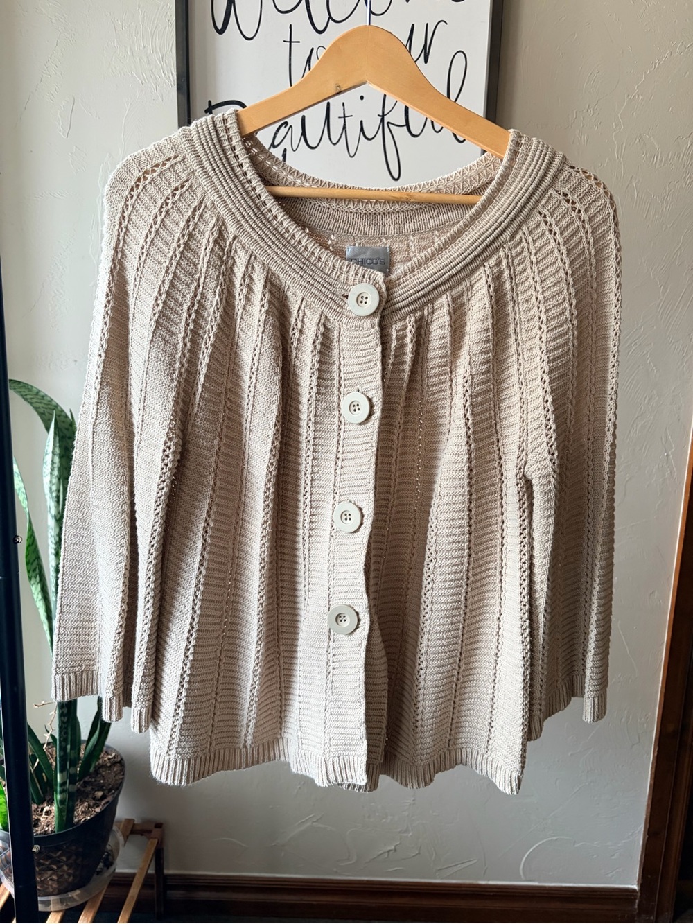 Chico's Cream Textured Button-Front Cotton Cardigan Size 1.